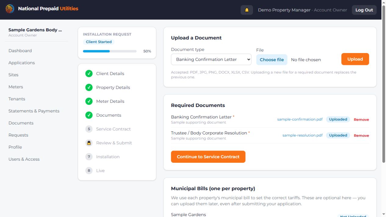 NPU onboarding portal preview showing the document upload form and application progress, using sample data